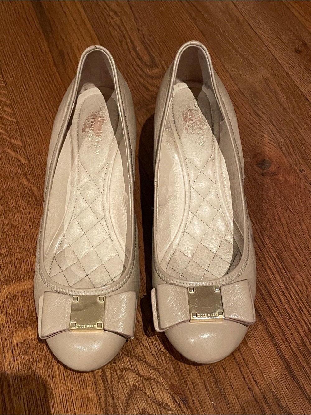 Cole Haan Cream Leather Bow Wedges with Gold Plaque